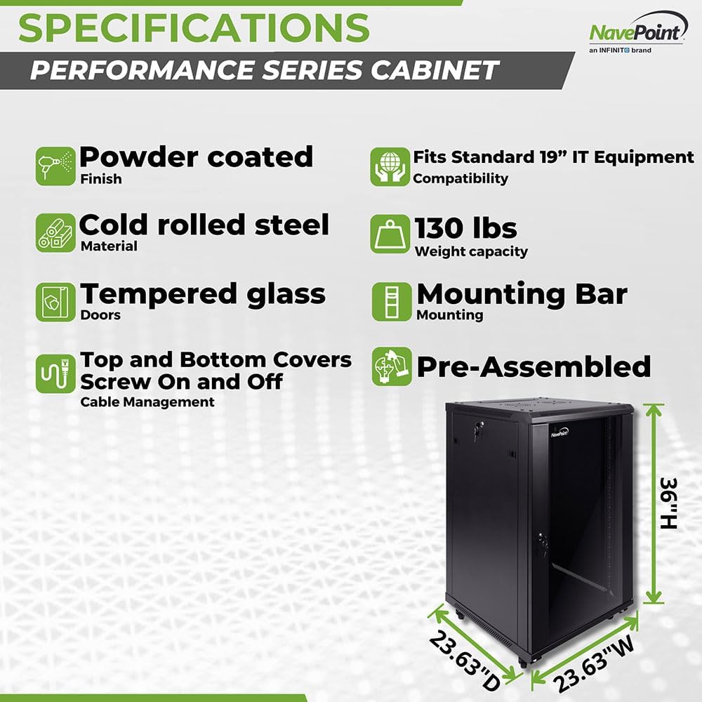 NavePoint 18U Server Cabinet Wall Mount Rack Enclosure with Caster Wheels, 2 Fans, Locking Glass Door, Removable Side Panels – 18U Network Cabinet 23.6' Deep, 19' Server Rack for IT Equipment