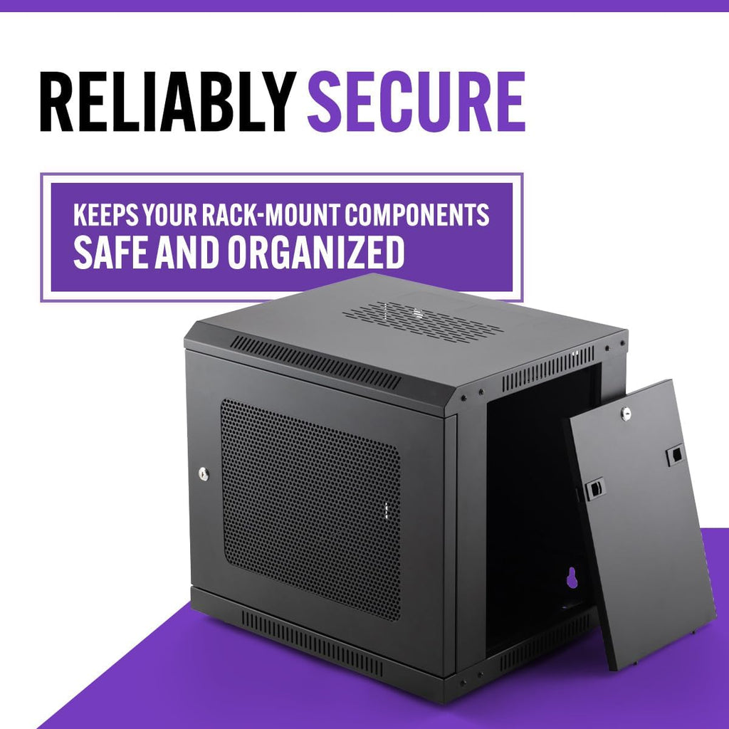On-Stage RKD9000 9U Wall-Mount Knock-Down Rack (Enclosed Steel Cabinet for Rack-Mount Components, Portable, Mountable, Vented, Lockable Doors, Port Knockouts, Casters, Rubber Feet, Flat Packed, Black)