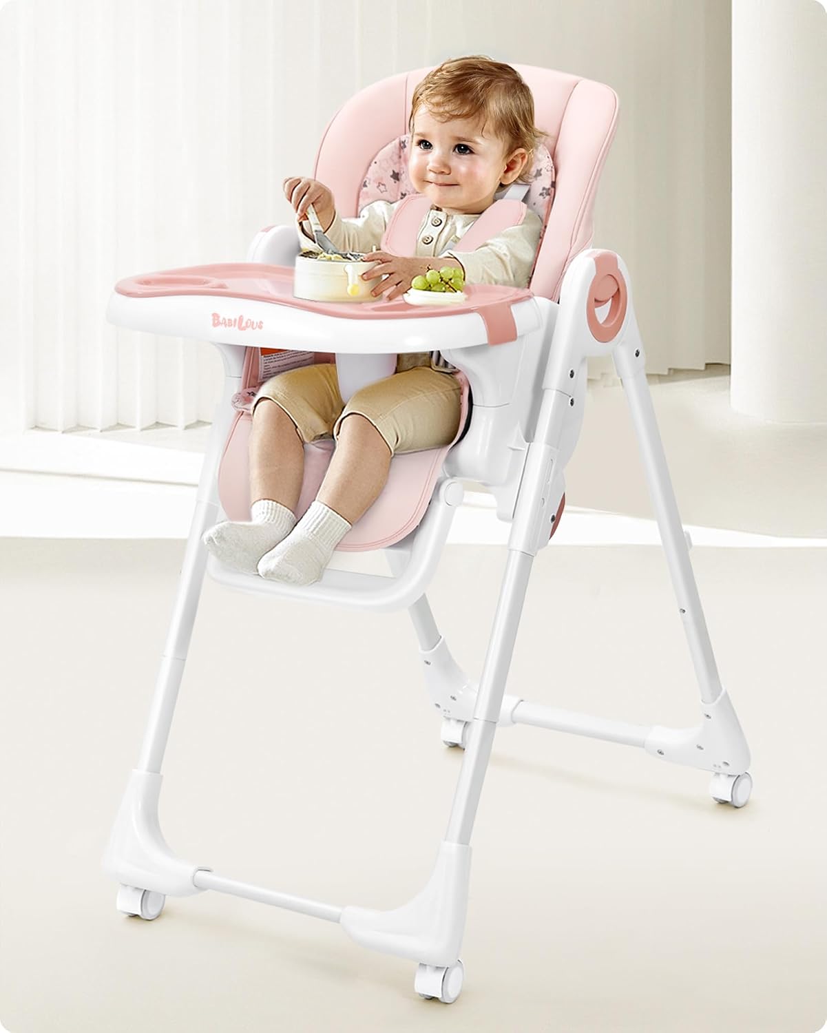 Babilous Foldable High Chair with Soft Cushion, High Chairs for Babies and Toddlers, Height Adjustable Feeding Chair, Adjustable Backrest and Footrest, Lockable Wheels, Star Pink