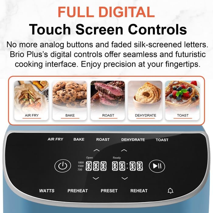 Nuwave 8QT Brio Air Fryer Plus Cozy Blue, Digital LED Touch Screen with Cool White Display, 50°F~400°F in Precise 5°, 3 Wattage Alternatives, 5 Cook Functions, 50 Memory, PFAS Free, New & Improved