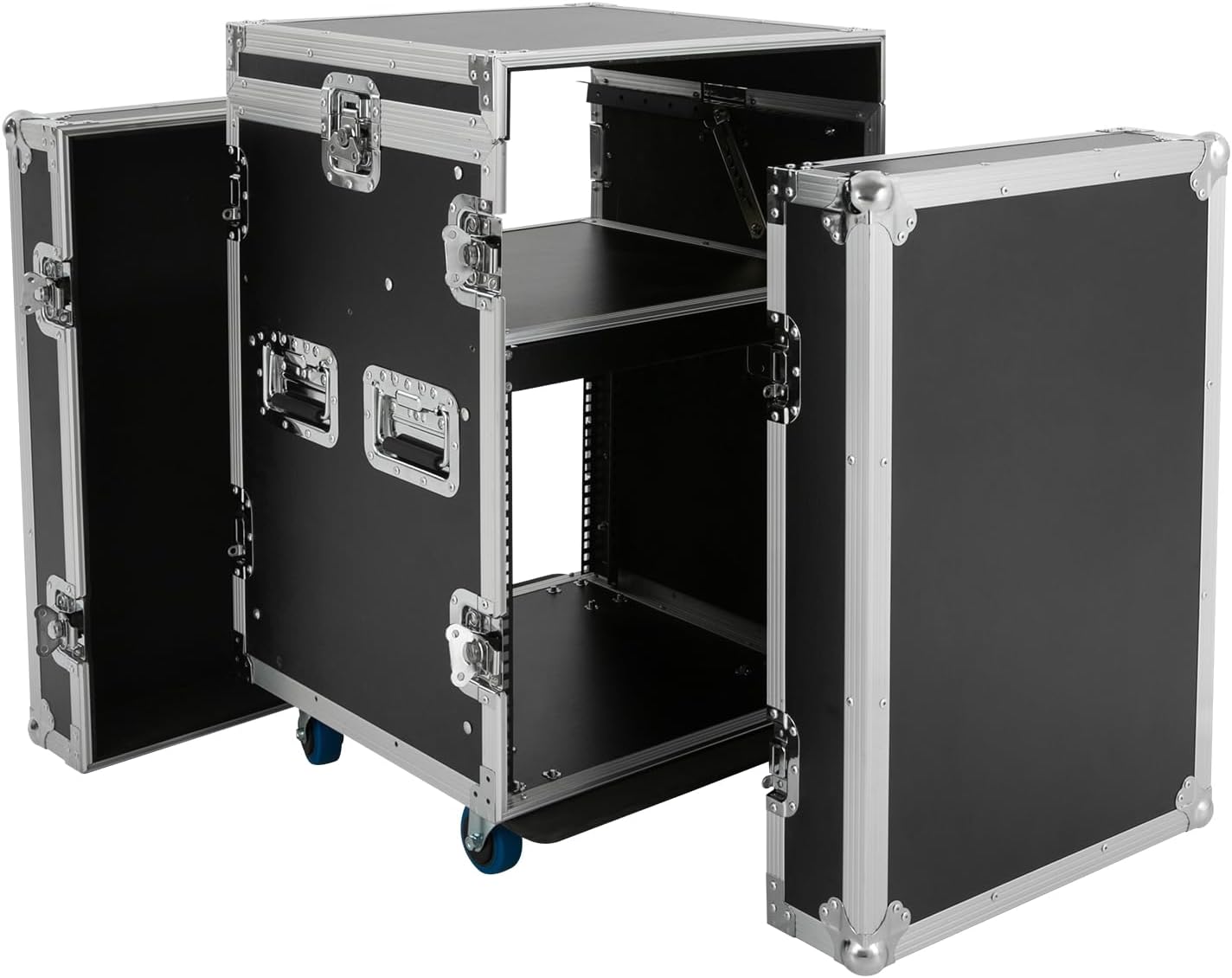 12U PA DJ Pro Audio Rack Road Case with Slant Mixer Top, Locking Wheels, Removable Doors – DJ Mixer Rack for Mixers, Amps, and Speakers