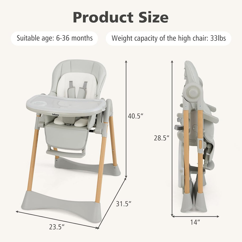 INFANS Baby High Chair, High Chairs for Babies & Toddlers with Adjustable Height Backrest Footrest Removable Tray, Easy to Clean PU Seat Convertible Quick Folding Portable Highchair