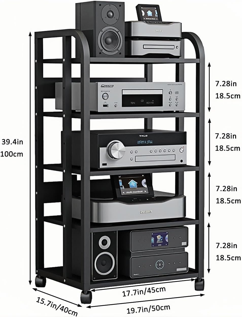 5-Tier AV Media Stand with Wheels, Audio-Video Shelving Adjustable, Modern Stereo Cabinet Receiver Console Shelf, Audio Component Rack for Home/Office/Theater, Blcak