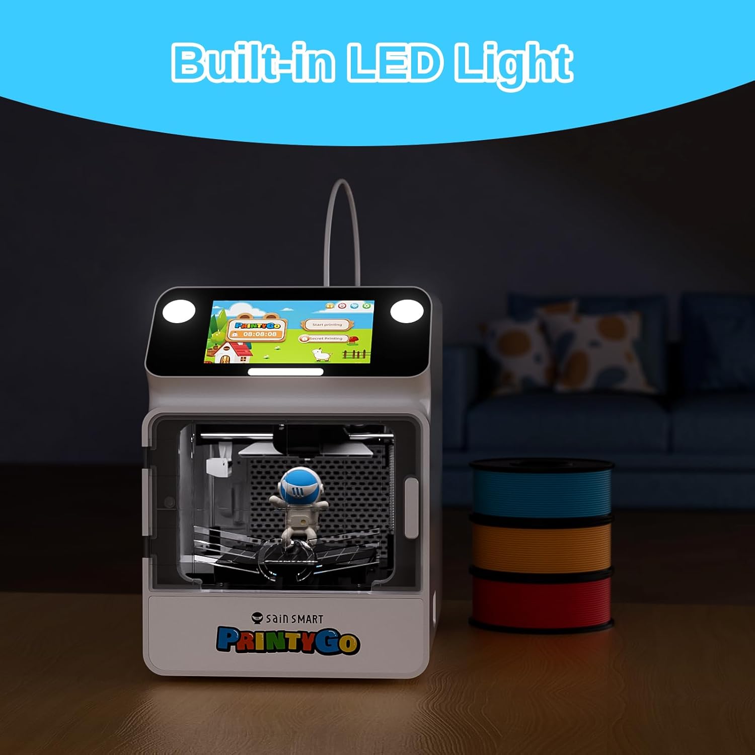 SainSmart PrintyGo Mini 3D Printer for Kids, 600mm/s Auto Leveling Printer for Beginners with 5' Touch Screen, 1500+ Models, Child-Safe Design, Wi-Fi/App Control, Pre-Assembled for STEM Learning Gift