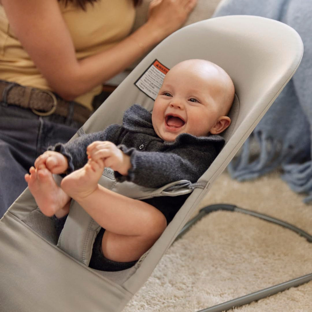 BabyBjörn Bouncer Balance Soft, Tri-Fabric, Sand Grey | 2-in-1 Adjustable Baby Bouncer Seat and Toddler Chair, Newborn to Toddler (8-29 lbs), 4 Positions, Lightweight & Portable