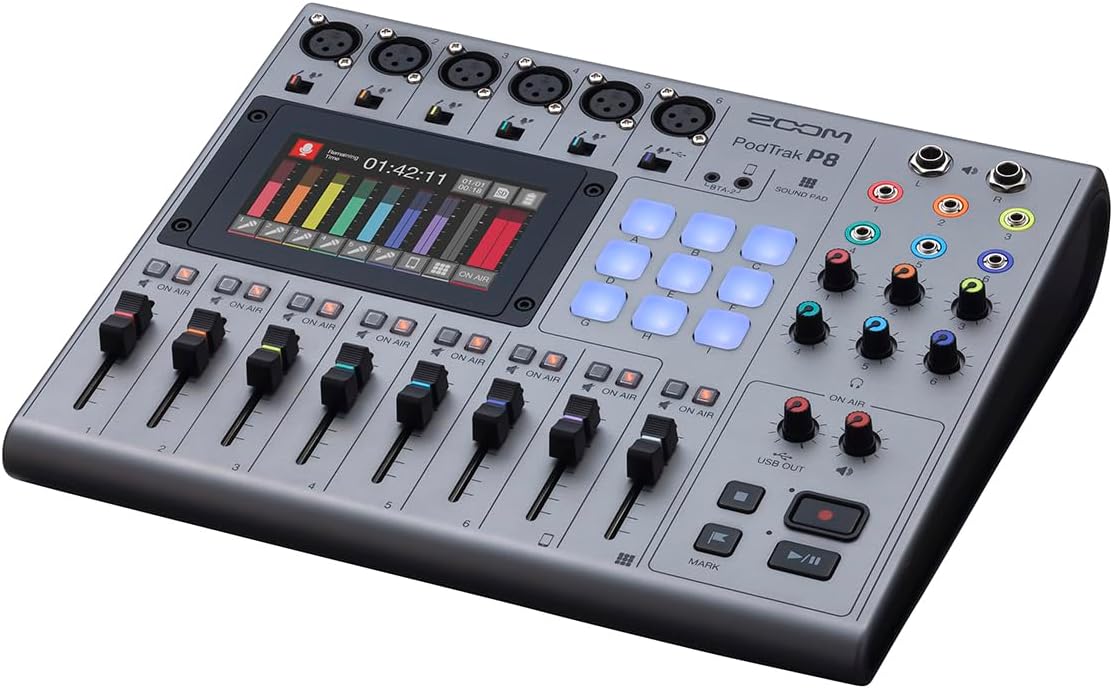 Zoom PodTrak P8 Podcast Recorder with 6 XLR Inputs, 6 Headphone Outputs, Phone Input, Sound Pads, Onboard Editing, USB Audio Interface, Battery Powered