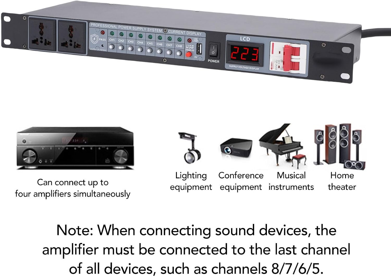 Fockety 10 Channel Power Sequencer, Professional High Power Equipment Power Sequencer Power Sequence Controller with Digital Voltage Display for Stage Amplifier Speaker (US Plug)