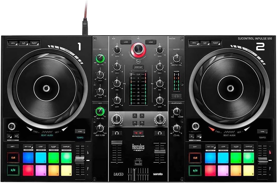 Hercules DJControl Inpulse 500 MK2 2-Channel DJ Controller Bundle with Case, TRS-to-RCA Breakout Cable, and Austin Bazaar Polishing Cloth
