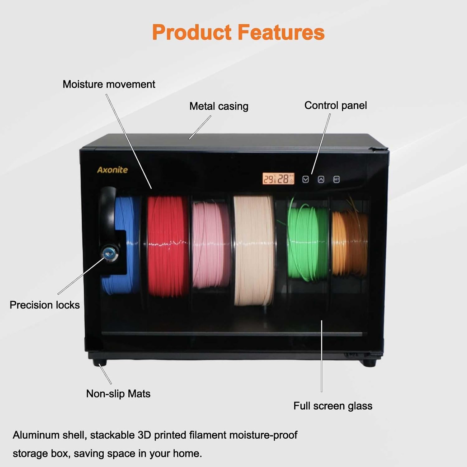 3D Printer Filament Storage Box, 6 Spool Capacity, Air Tight Dry Box with Humidity Control (20%-25% RH), Transparent Glass & Aluminum Alloy, Noiseless & Stackable Design for PLA/ABS/PETG