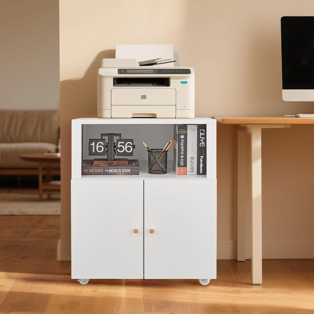 Metal Printer Stand with Storage, Heavy Duty Rolling Printer Cabinet with Doors and Adjustable Shelves, Large Printer Table Stand with Wheels for Office Copier Fax, White