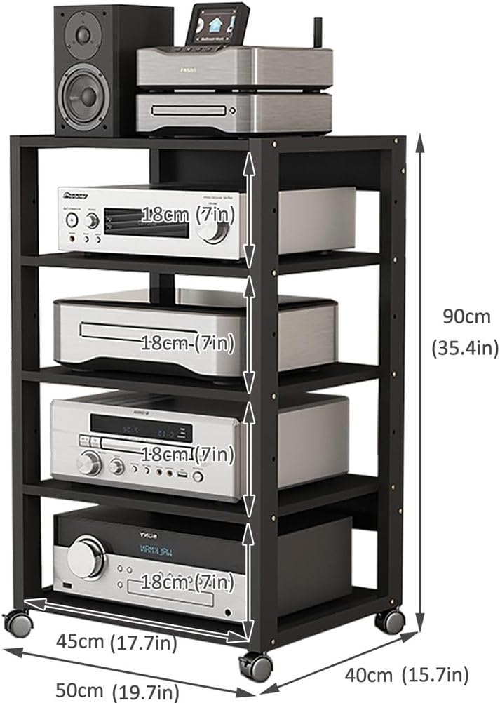AV Media Tower Stereo Cabinet 3/4/5 Tier Floor-Standing Audio Rack CD DVD Record Player Stand Movable Corner Storage Shelf with Wheels for Home Theater,5 Tier