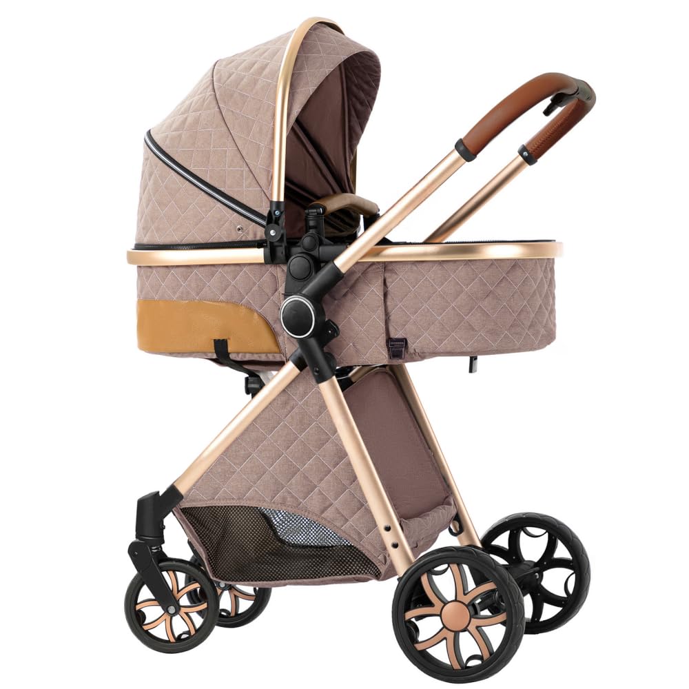 2 in 1 Baby Stroller,Infant Stroller Convertible,High Landscape Baby Carriage,Foldable Pushchair with Adjustable Canopy(Khaki)