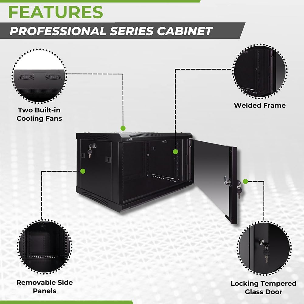 Navepoint 6U Deluxe IT Wallmount Cabinet Enclosure 19-Inch Server Network Rack with Locking Glass Door 16-Inches Deep Black