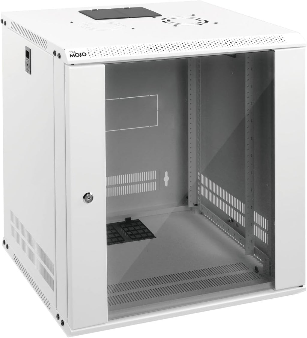 Tecmojo 12U Wall Mount Rack Network Cabinet for 19' IT Equipment,with Lockable Glass Door and Side Panels,Cooling Fan,17.7inch Depth,White