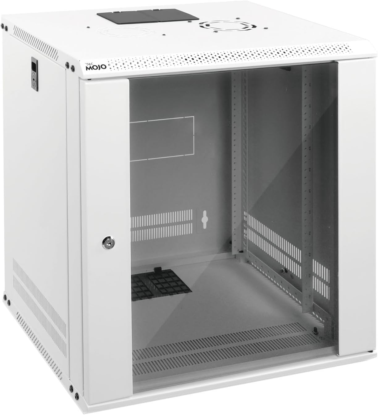 Tecmojo 12U Wall Mount Rack Network Cabinet for 19' IT Equipment,with Lockable Glass Door and Side Panels,Cooling Fan,17.7inch Depth,White