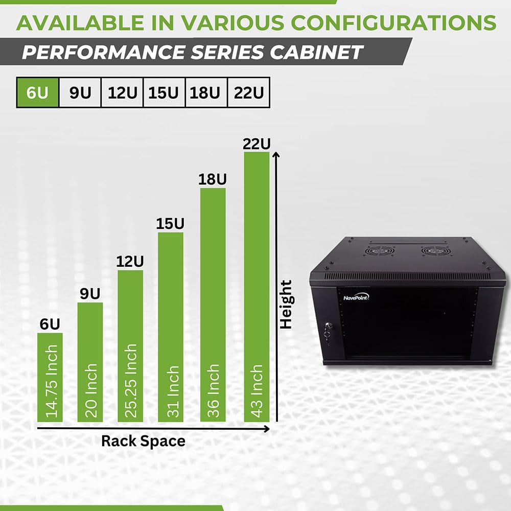 NavePoint 6U Server Cabinet Wall Mount Rack Enclosure Includes 2 Fans, Locking Glass Door, Removable Side Panels – 6U Network Cabinet 17.7' Deep, 19 Inch Server Rack for IT and A/V Equipment