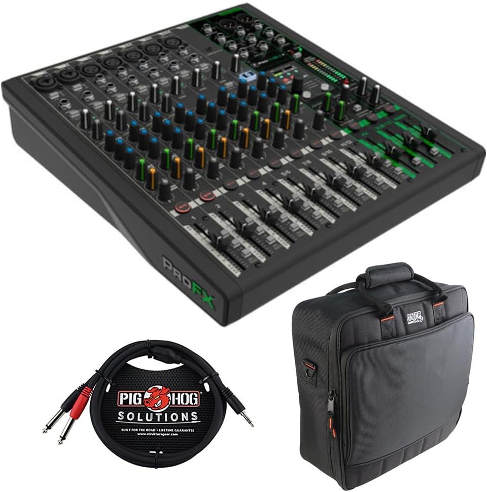 Mackie ProFX12v3+ 12-Channel Analog Mixer with Built-In FX, USB Recording, and Bluetooth Bundle with G-MIXERBAG-1515 Padded Nylon Mixer/Equipment Bag and Stereo Breakout Cable 10'