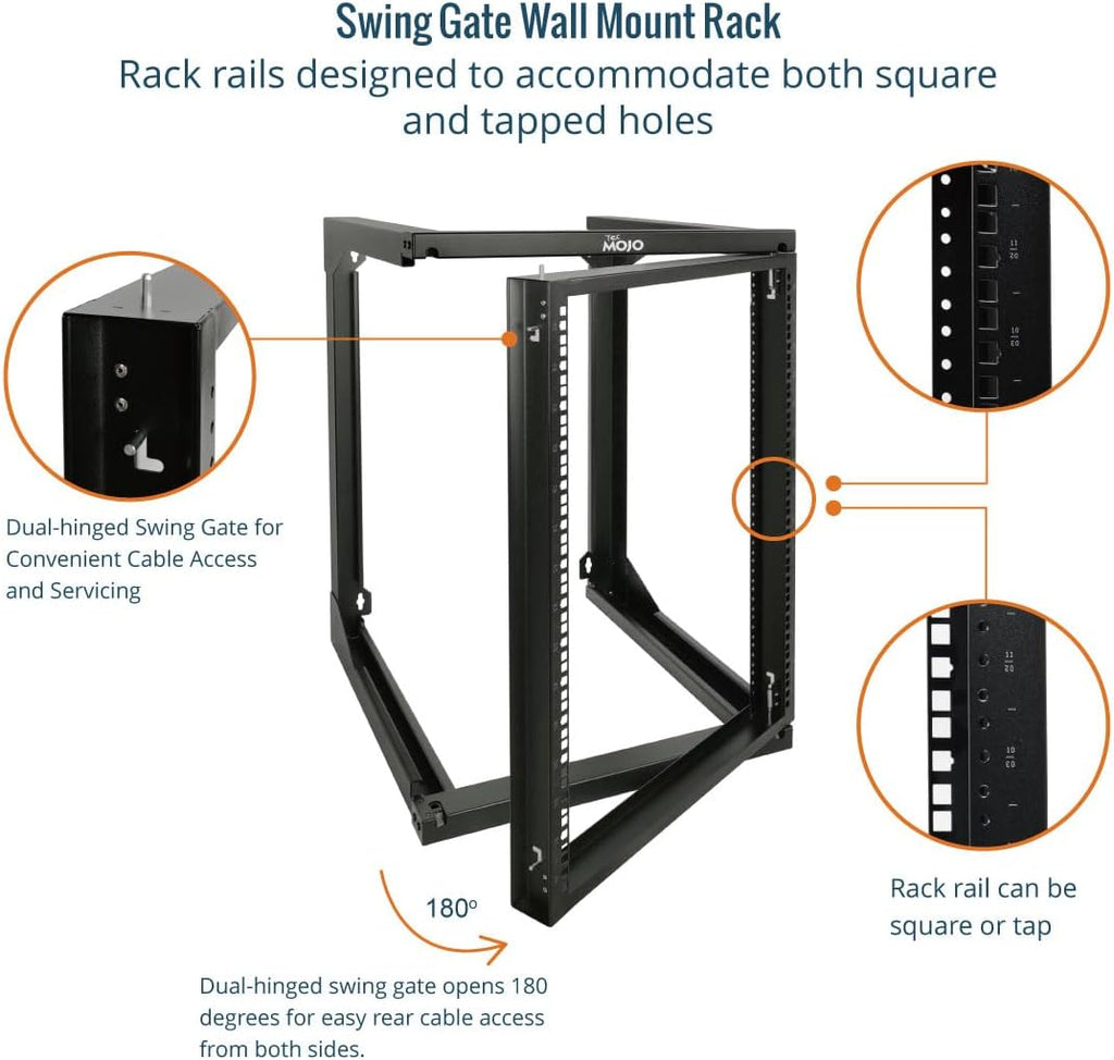 Tecmojo 15U Wall Mount Server Rack, Open Frame Network Rack for 19' Computer/AV/Data/IT/Media Equipment, 24' Depth, 16' Apart Mounting Holes, Swing Gate, Square and Tapped Holes