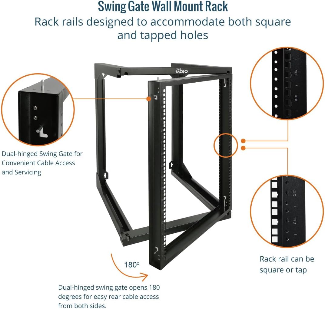Tecmojo 15U Wall Mount Server Rack, Open Frame Network Rack for 19' Computer/AV/Data/IT/Media Equipment, 24' Depth, 16' Apart Mounting Holes, Swing Gate, Square and Tapped Holes