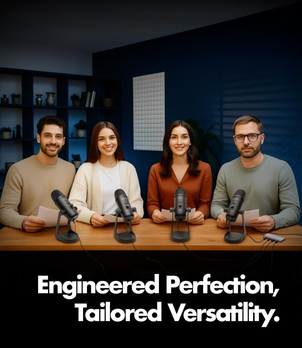 Movo USB Podcast Equipment Bundle for 4 – USB Interface with 4 UM700 Condenser Microphones – 4-Port Powered Hub for Streaming, Podcasting, Interviews