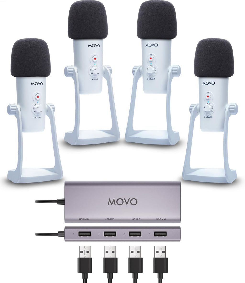 Movo USB Podcast Equipment Bundle for 4 – USB Interface with 4 UM700 Condenser Microphones – 4-Port Powered Hub for Streaming, Podcasting, Interviews (White)