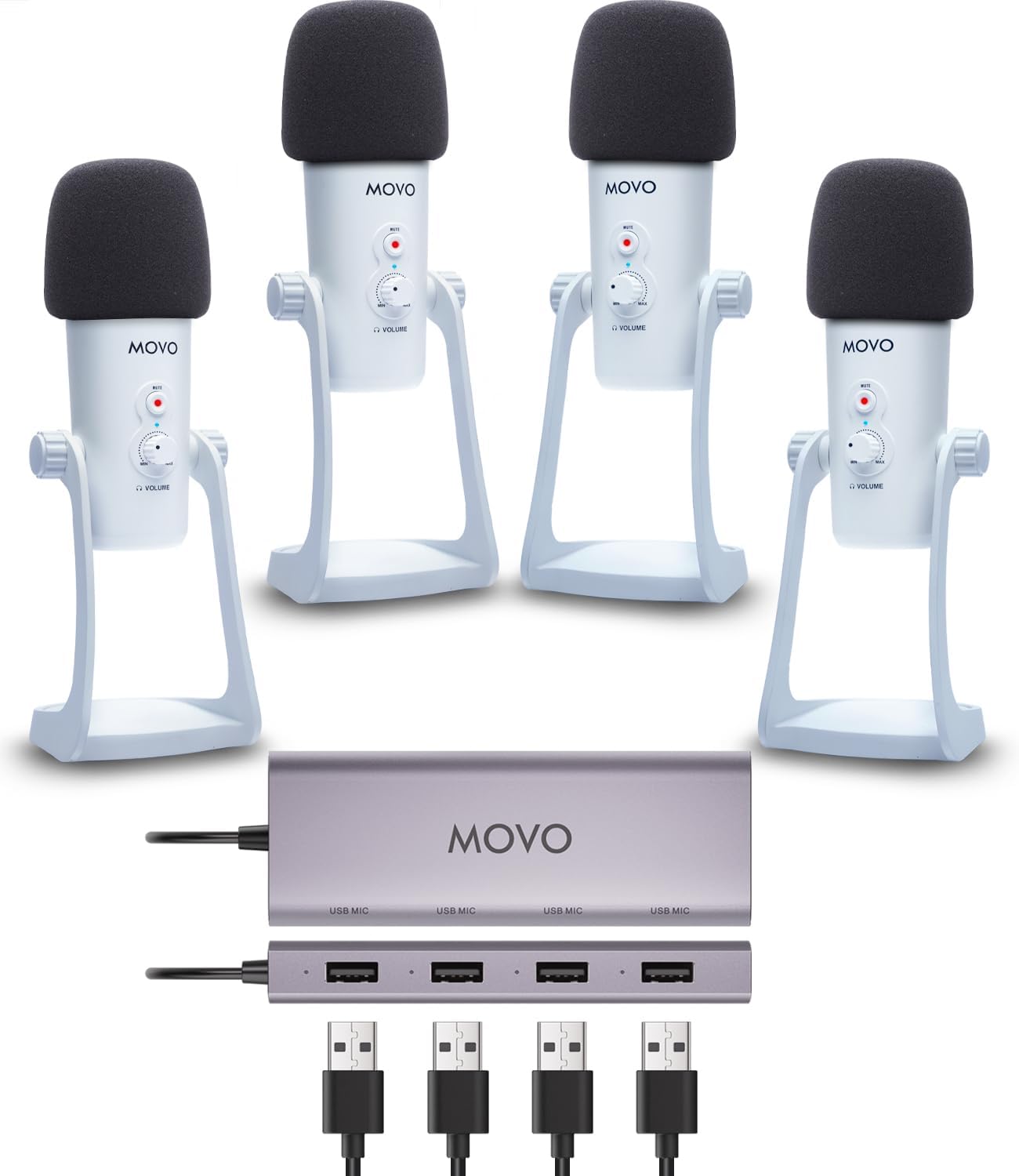Movo USB Podcast Equipment Bundle for 4 – USB Interface with 4 UM700 Condenser Microphones – 4-Port Powered Hub for Streaming, Podcasting, Interviews (White)
