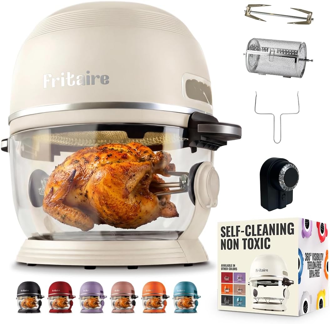 Non Toxic Air Fryer™ Pro | 9-in-1 Glass Air Fryer | Self-Cleaning | 5 Quart | Rotisserie and Tumbler | 400F Vortex For Even Cooking, BPA-Free Teflon Free, Recrisp, Roast, Bake, White