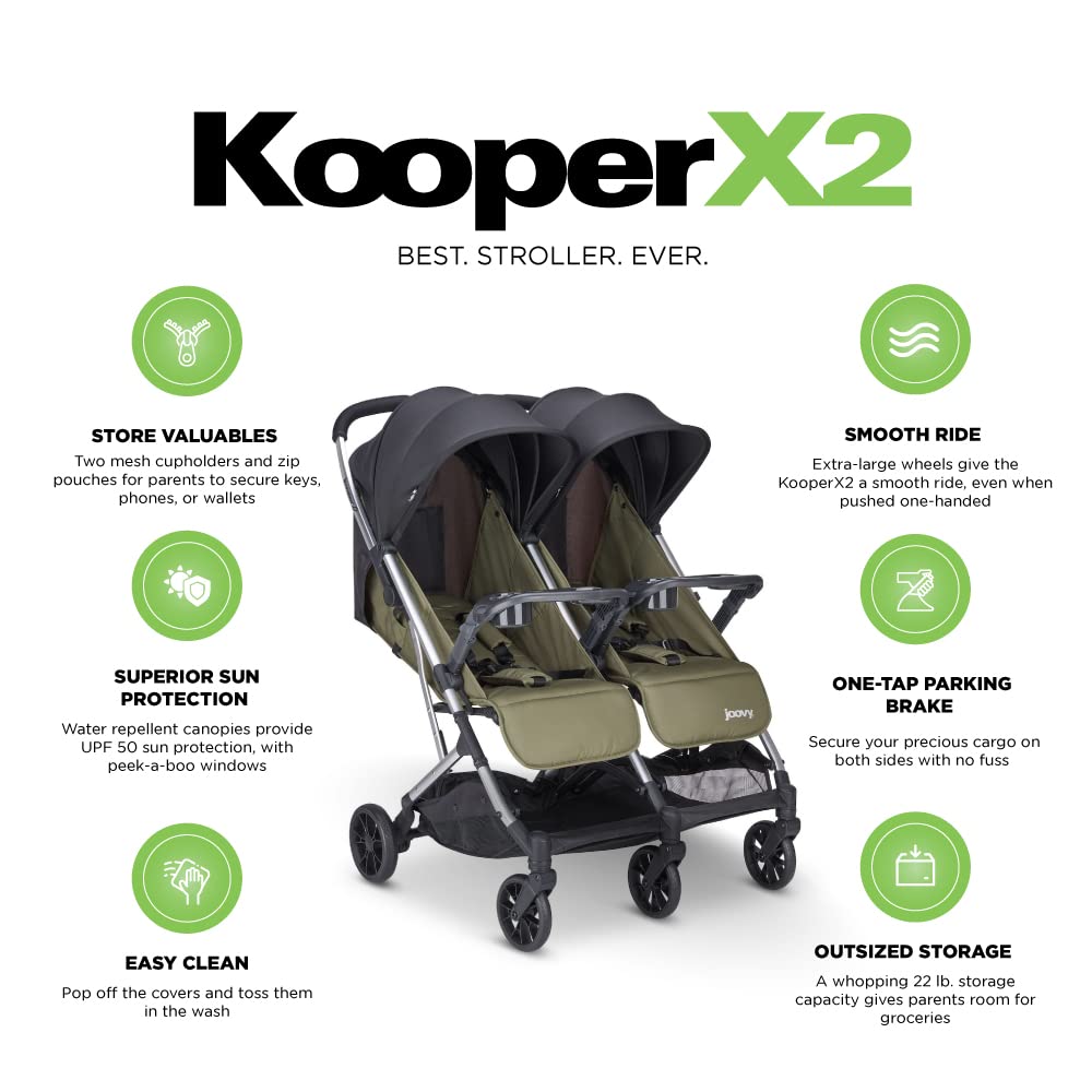 Joovy Kooper X2 Double Stroller, Lightweight Travel Stroller, Compact Fold with Tray, Olive