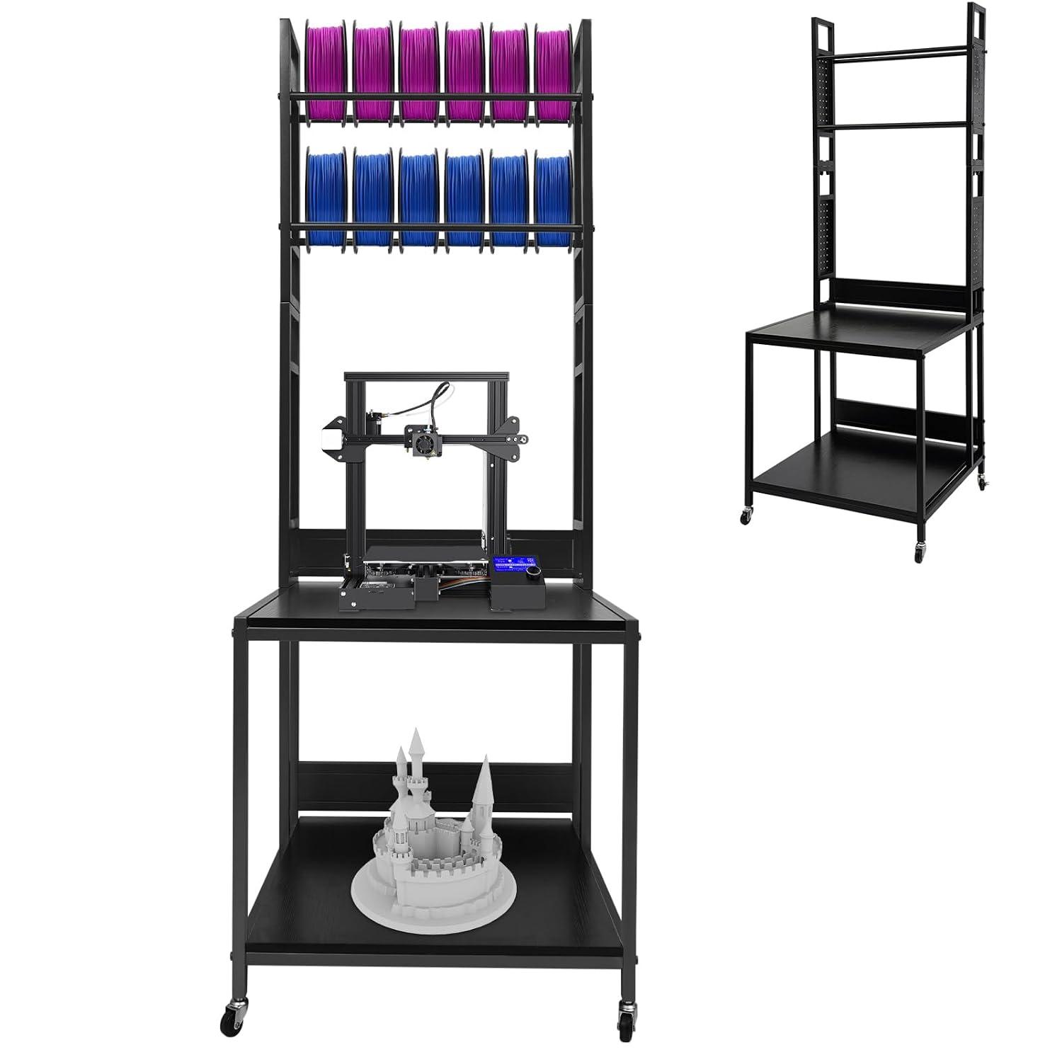 3D Printer Stand and Filament Storage, Heavy Duty 3D Printer Table on Wheels, Sturdy 3D Printer Filament Storage Rack, Large Shelf 3D Printer Stand Cart Desk for Workshop Studio Office(Black)