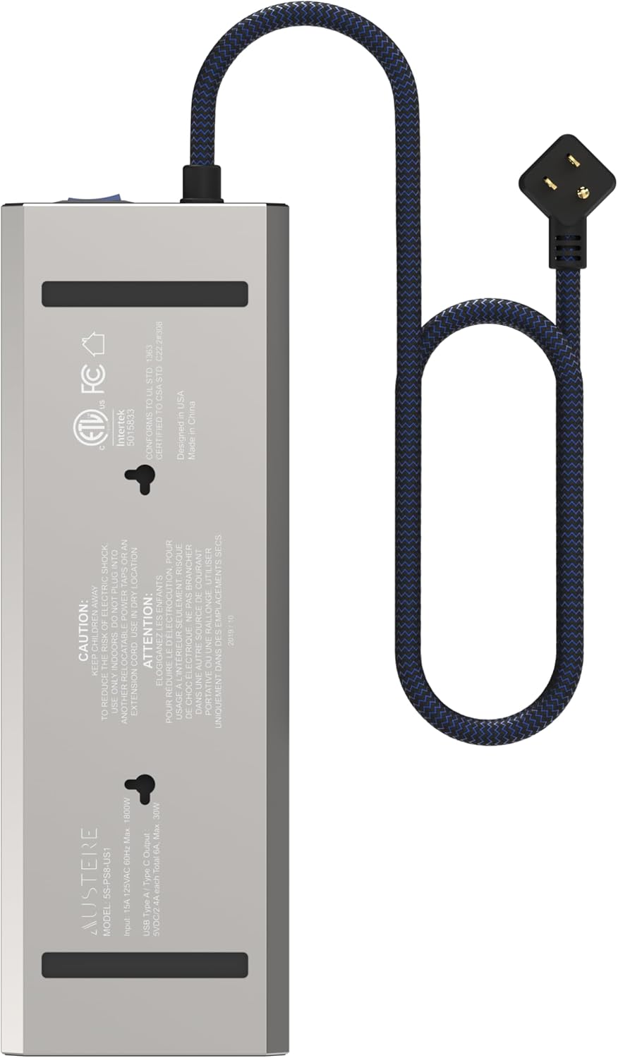 Austere V Series, 8 Outlet Surge Protector Power Strip, 3000 Joules, EMI/RFI Filtering, 3 USB-C and 2 USB-A 2.4 amp Ports, LED Indicators, Overcurrent Protection, 5 Year Component Guarantee