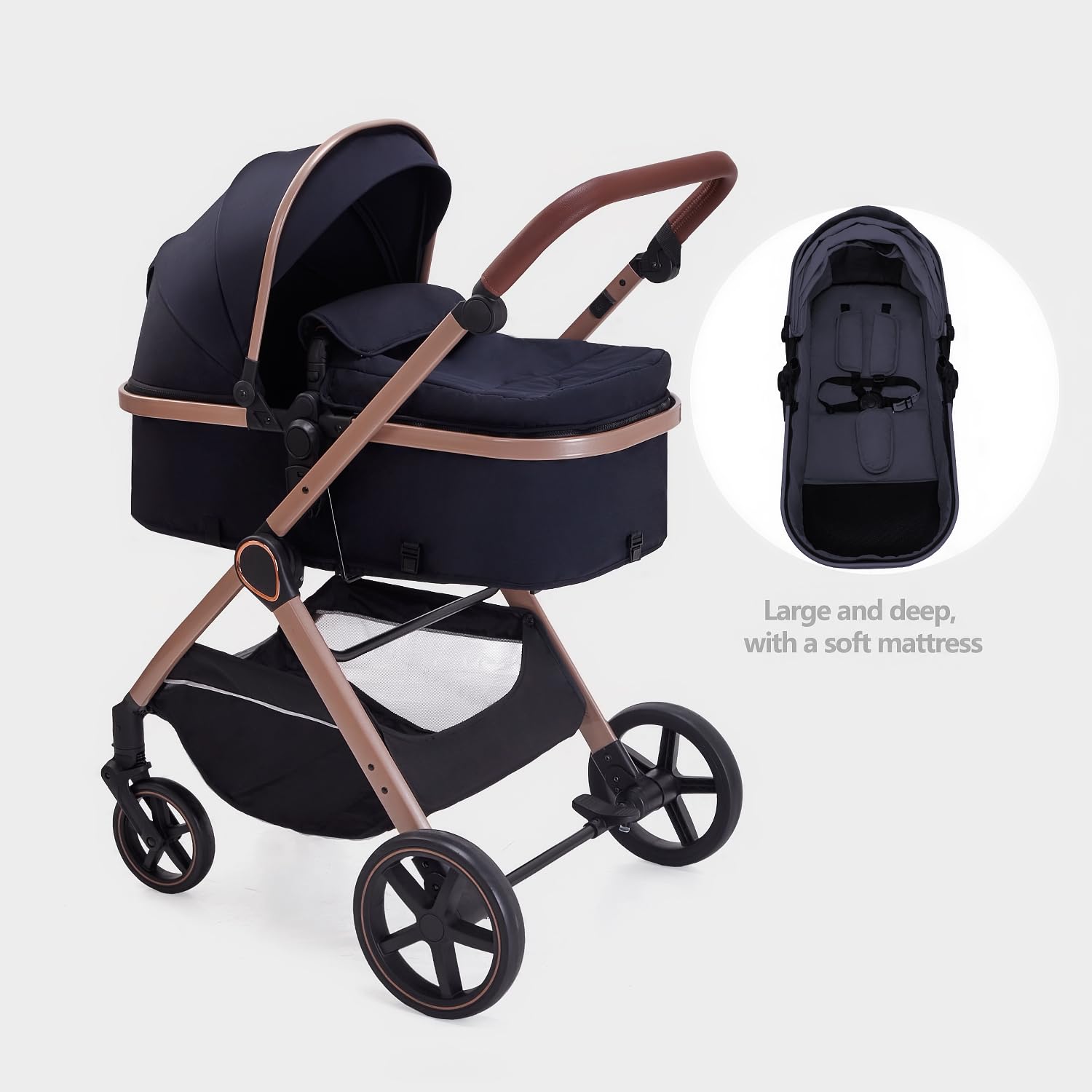 Lortsybab 2 in 1 Baby Stroller, Newborn Infant Toddler Convertible Bassinet Pram Stroller for 0-36 Months Old Babies (Black)