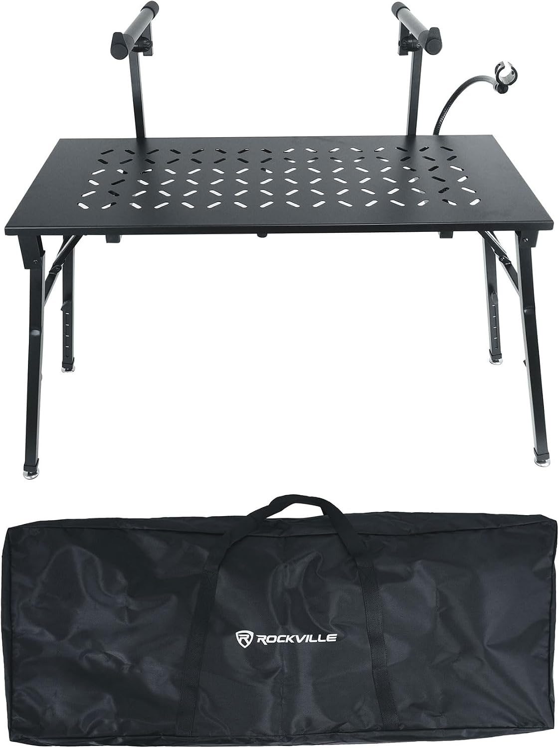 Rockville PKS44 2-Tier Keyboard/DJ Stand, Tabletop, Mic Stand, Detachable Second Tier, Foldable, Steel, Carry Bag, Perfect for DJs, Studios, Live Gigs