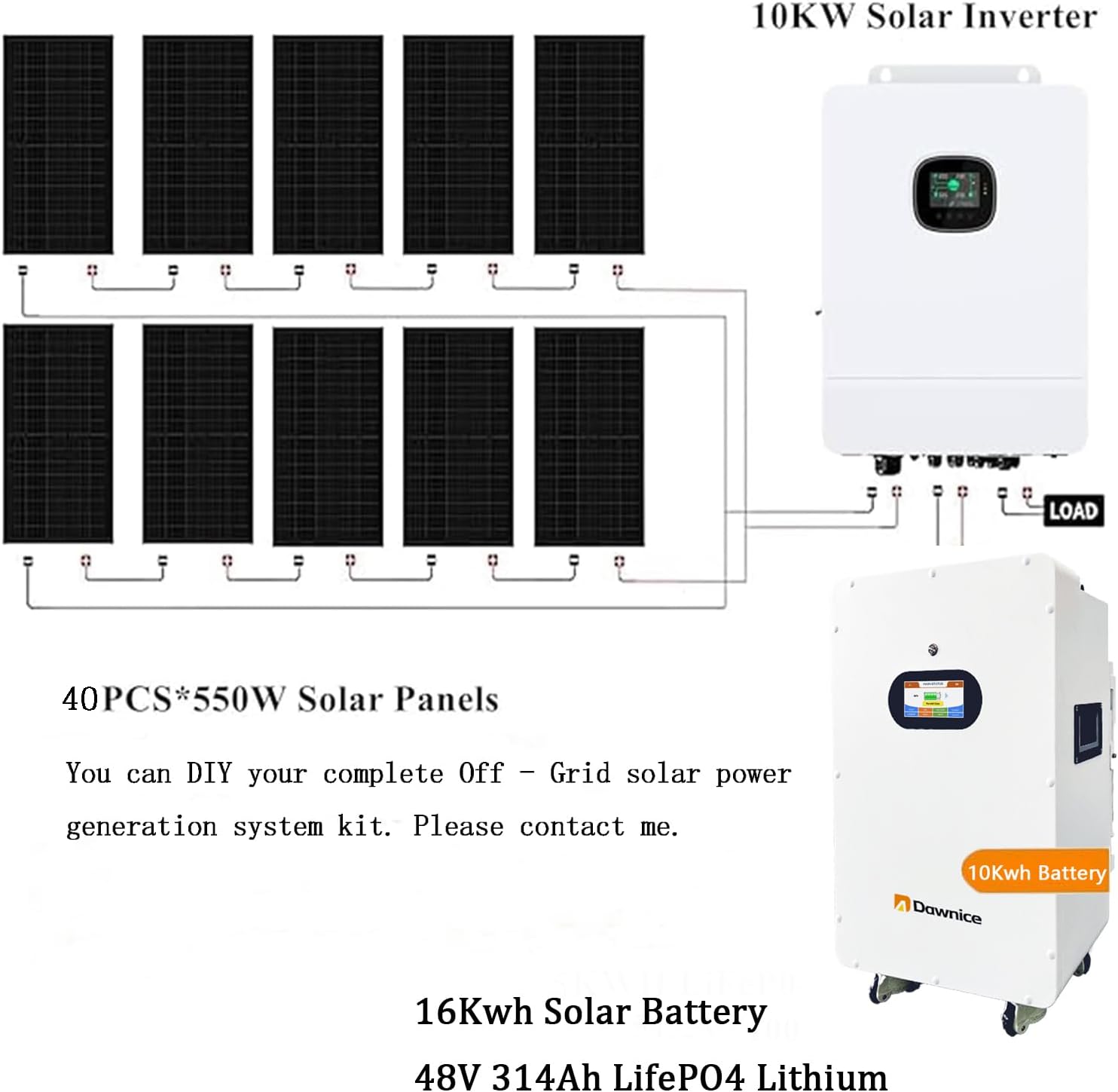22KW Off-Grid Solar Power System Complete Kit,4Sets 48V 410Ah 21KWh LiFePO4 Battery 40PCS Bificial 550W Solar Panels,2Sets 10KW Inverter with MPPT Controller 120/240Vac