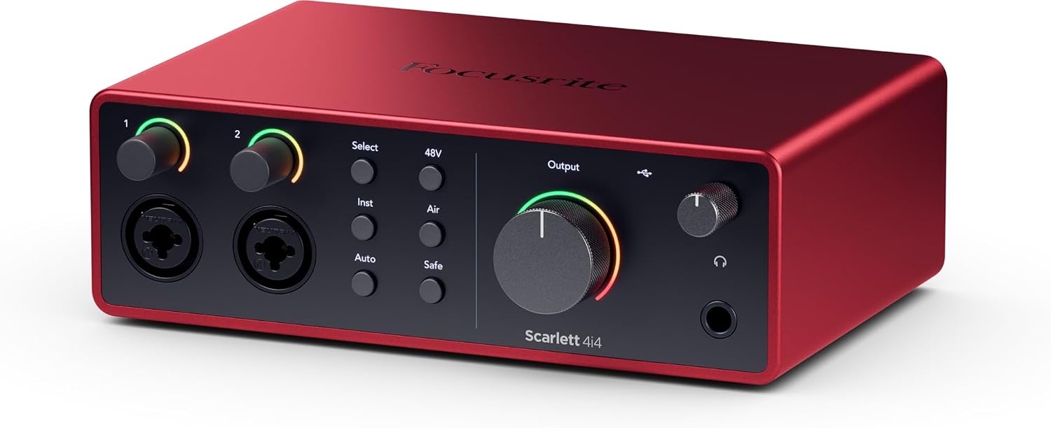 Focusrite Scarlett 4i4 4th Gen USB-C Audio Interface Recording Bundle with LyxPro Condenser Microphone, Headphones, Pop Filter, Shock Mount, Stand, XLR Cable & Software Pack