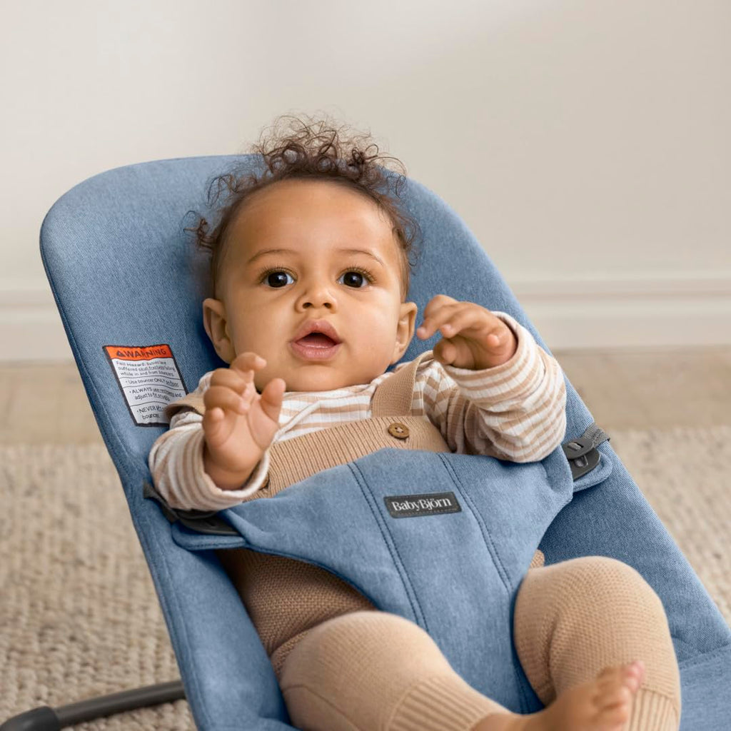 BabyBjörn Bouncer Bliss, Woven mélange, Blue | 2-in-1 Adjustable Baby Bouncer Seat and Toddler Chair, Newborn to Toddler (8-29 lbs), 4 Positions, Lightweight & Portable