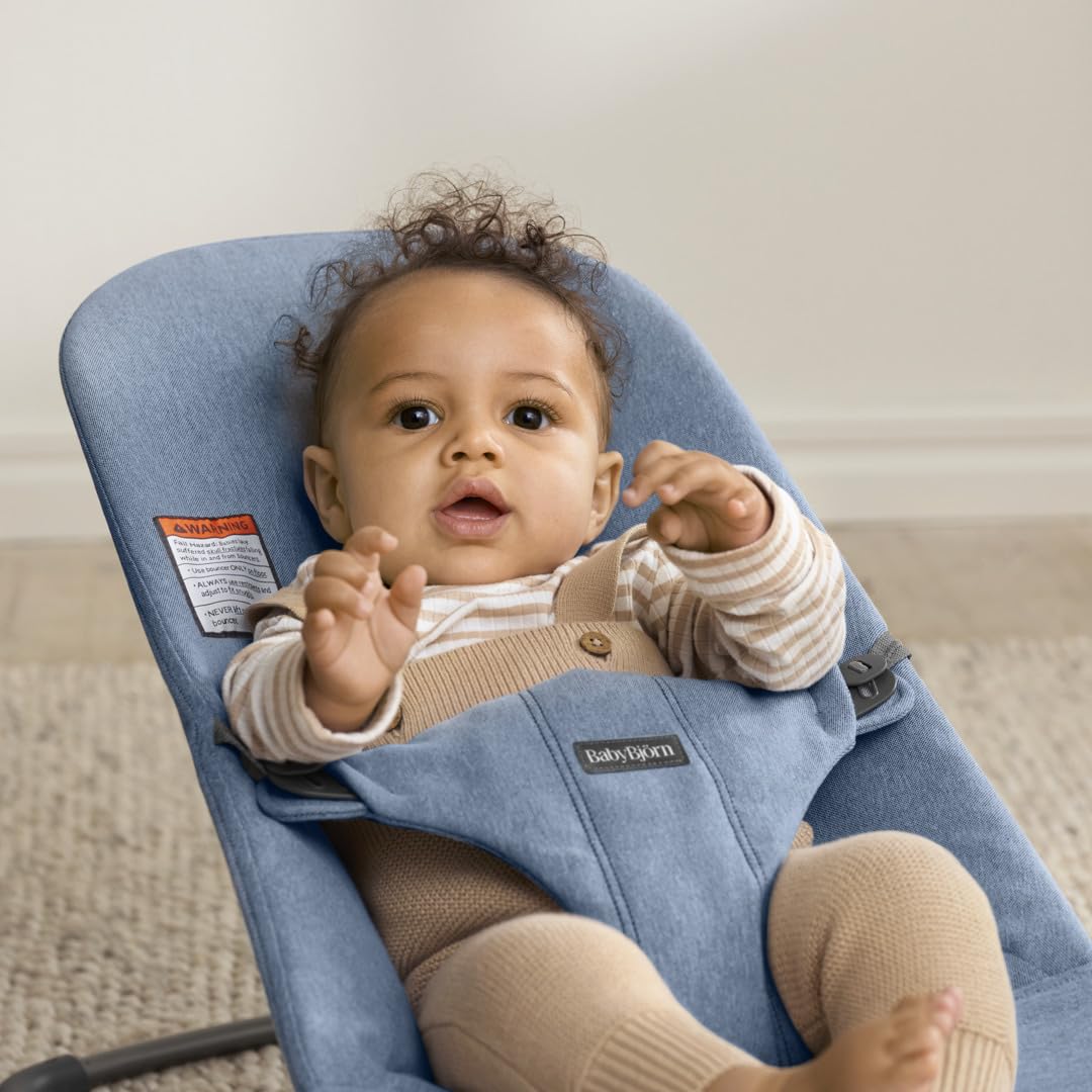 BabyBjörn Bouncer Bliss, Woven mélange, Blue | 2-in-1 Adjustable Baby Bouncer Seat and Toddler Chair, Newborn to Toddler (8-29 lbs), 4 Positions, Lightweight & Portable