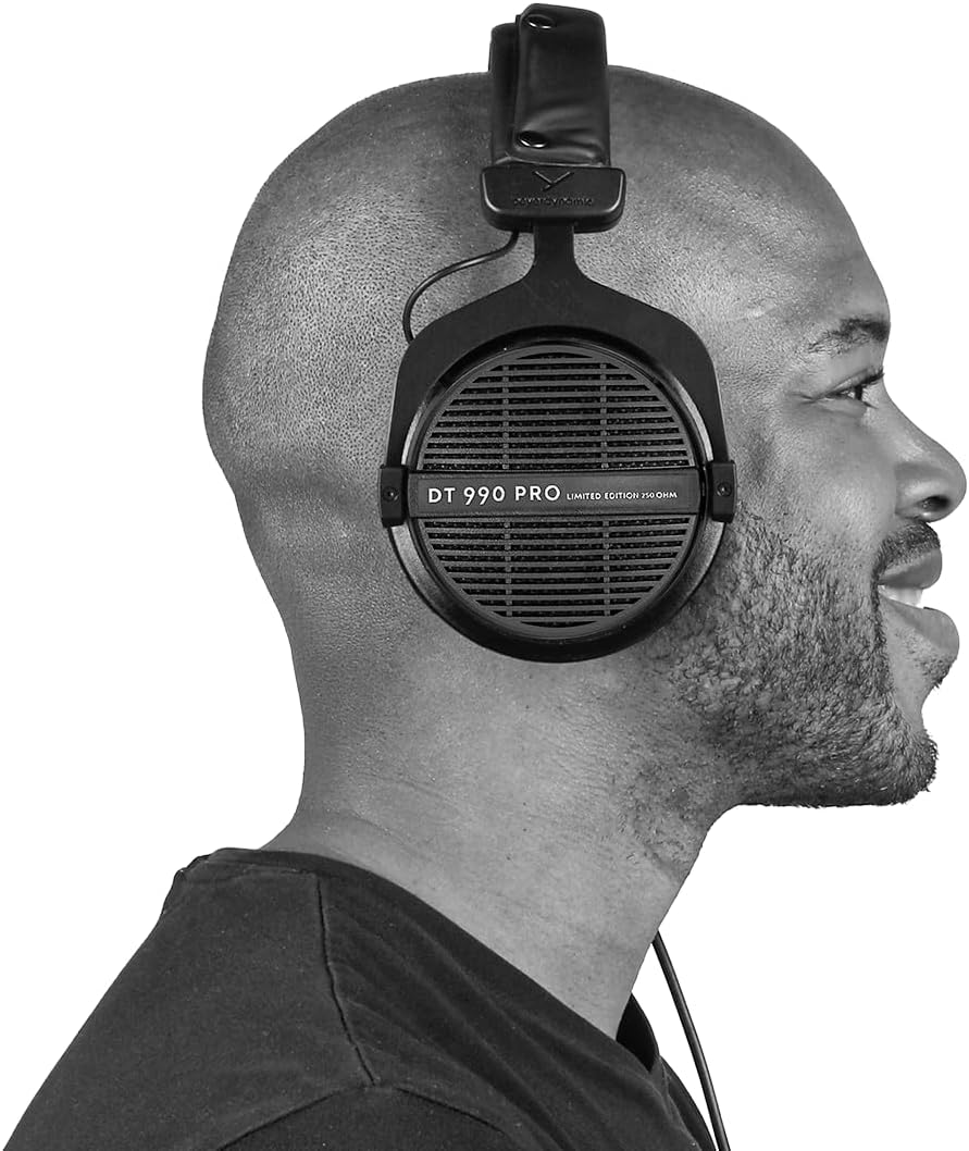 beyerdynamic DT 990 PRO, 250 Ohm, Open Back, Over Ear, Wired Headphones, 3m Coiled Cable, Black with Grey Velour Ear Pads