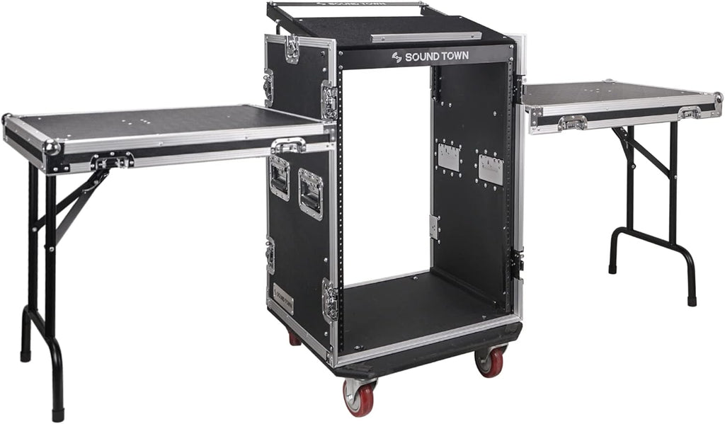Sound Town Heavy-Duty 1/2' (12mm) Plywood 16U PA DJ Rack/Road ATA Case with 11U Slant Mixer Top, 20' Rackable Depth, 2 DJ Work Tables and Casters, Pro Tour Grade (STMR-16UWT2)