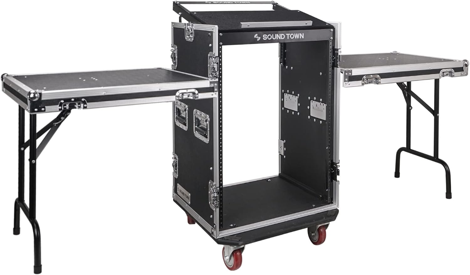 Sound Town Heavy-Duty 1/2' (12mm) Plywood 16U PA DJ Rack/Road ATA Case with 11U Slant Mixer Top, 20' Rackable Depth, 2 DJ Work Tables and Casters, Pro Tour Grade (STMR-16UWT2)