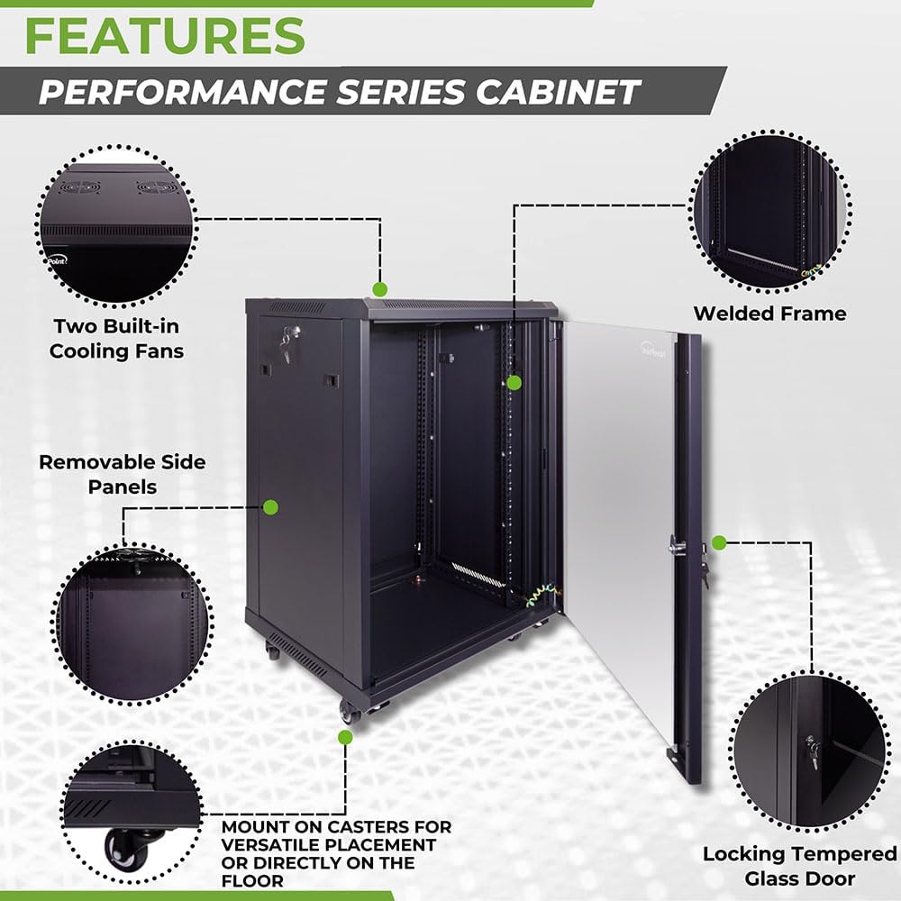 NavePoint 15U Server Cabinet Wall Mount Rack Enclosure with Caster Wheels, Includes 2 Fans, Locking Glass Door, Removable Side Panels – 15U Network Cabinet 17.7' Deep, 19'Server Rack for IT Equipment