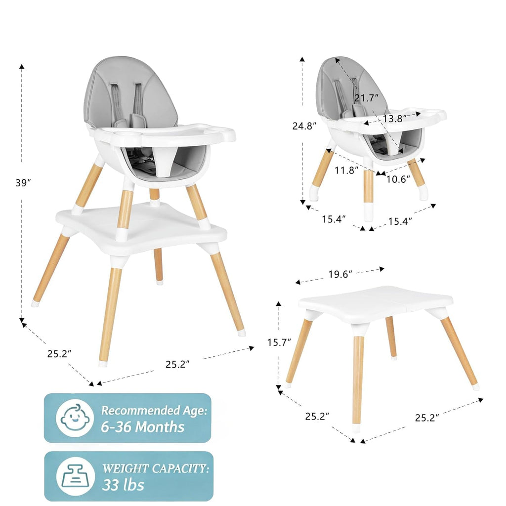 6 in 1 High Chair for Babies & Toddlers, Convertible Wooden Baby Highchair, Table and Chair Set, Baby Feeding Chair, 5-Point Adjustable Harness/4-Position Removable Tray& PU Seat Cushion(Grey)