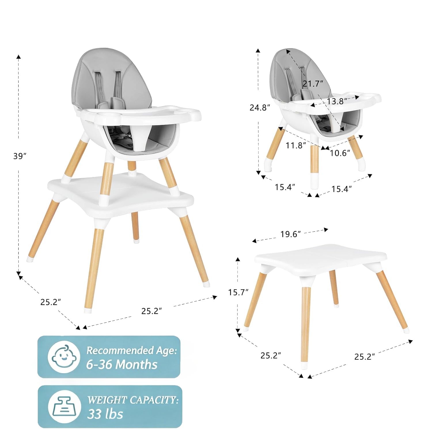 6 in 1 High Chair for Babies & Toddlers, Convertible Wooden Baby Highchair, Table and Chair Set, Baby Feeding Chair, 5-Point Adjustable Harness/4-Position Removable Tray& PU Seat Cushion(Grey)