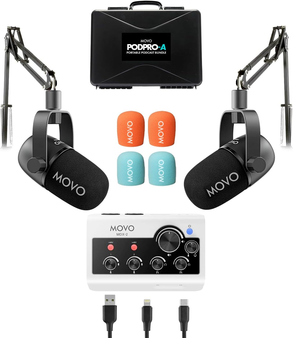 Movo Portable Podcast Equipment Bundle for iPhone/Android Phones- Podcast Kit with Audio Interface, 2 CastMic Dynamic Mics, 2 Boom Arms - for Smartphones, Computers, PC, Mac - Lightning, USB, USB-C