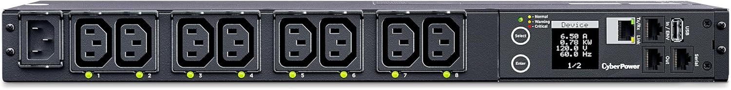 CyberPower PDU41004 Switched PDU, 100-240V/12A, (Derated to 12A UL /10A CE), 8 Outlets (C13), Input (C14) 10 ft. Cord, 1U Rackmount, 3 Year Warranty - Black