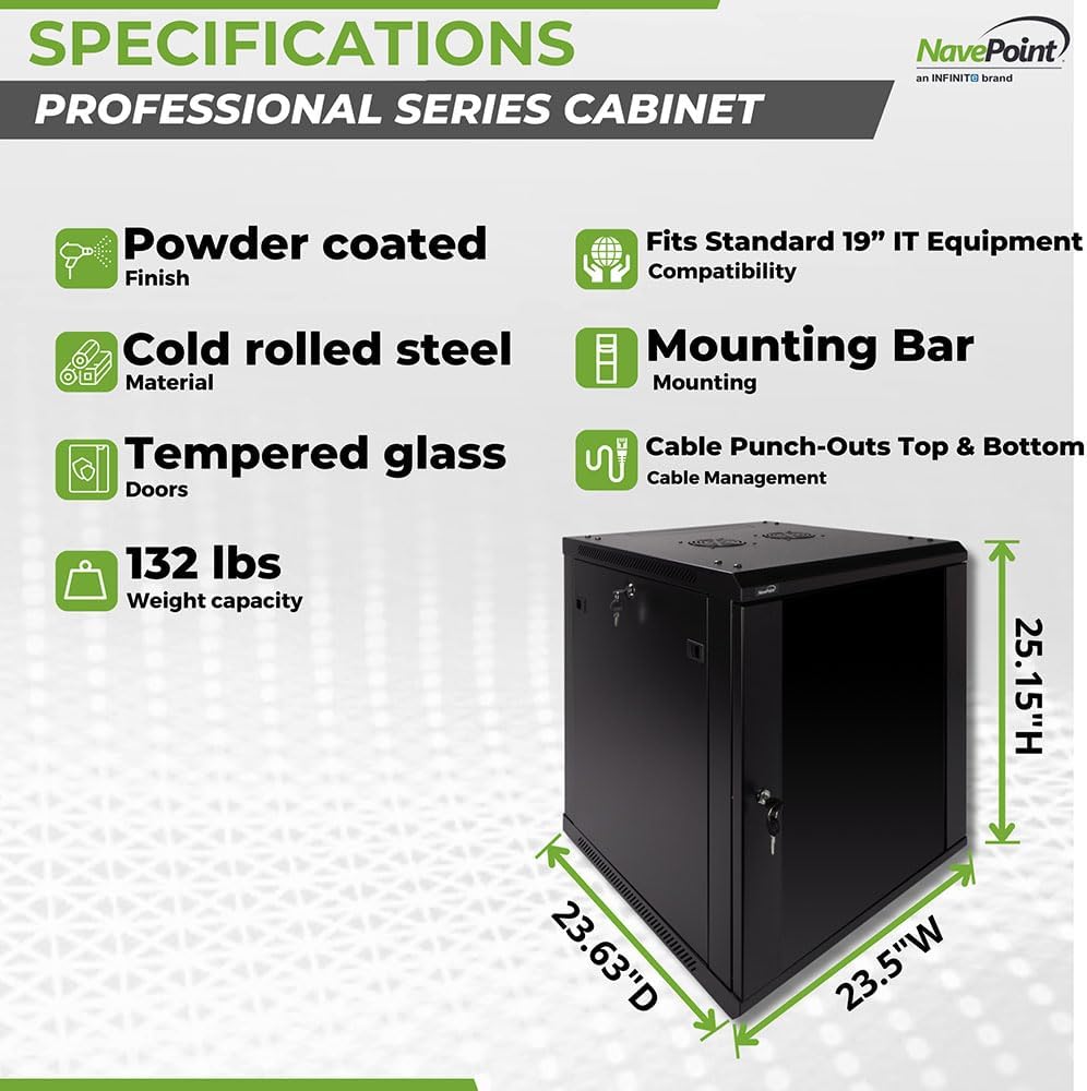 NavePoint 12U Server Rack Enclosure - 23.6' Deep, 12U Wall Mount Network Cabinet with Locking Glass Door for 19' IT Equipment, 12U Network Rack with 2 Fans, Removable Side Panels, Black