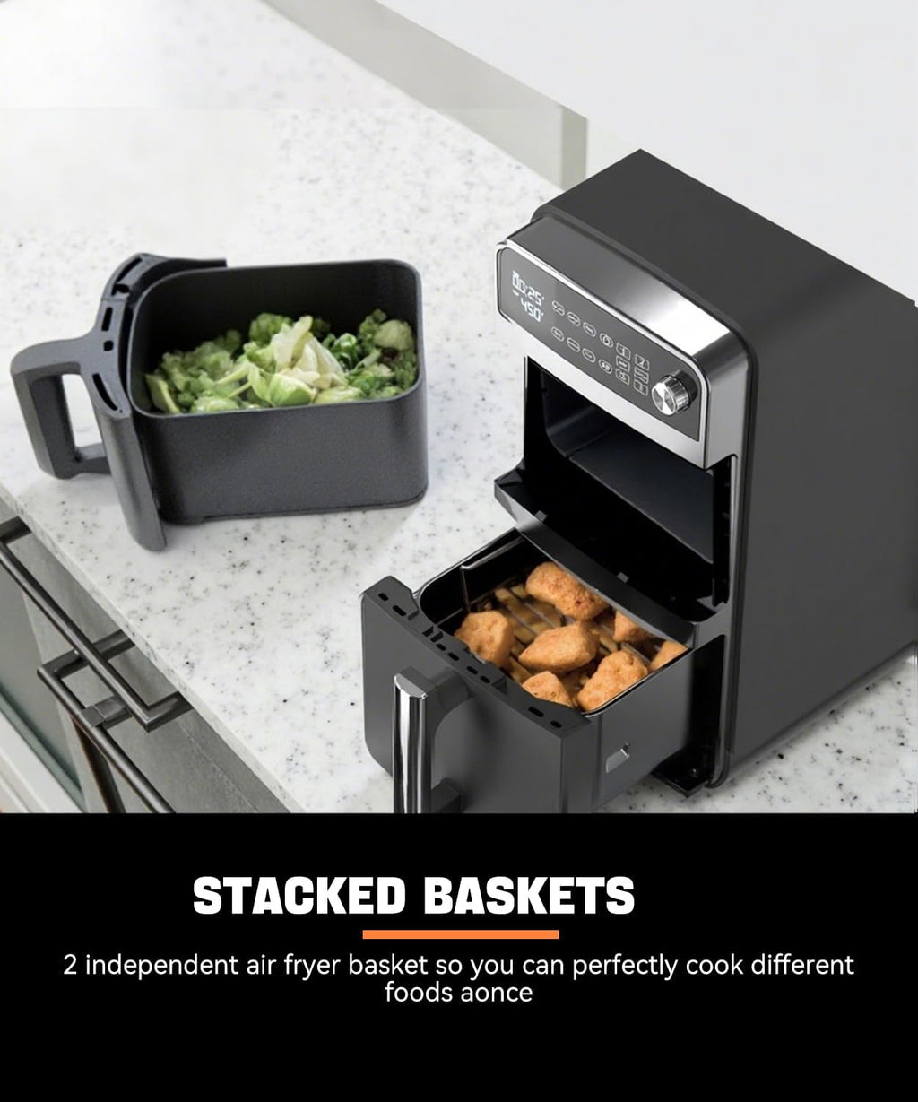 12QT Dual Layer Air Fryer Oven, 6QT×2 Capacity, Vertical 2-Basket Design, 7-in-1 Function with Broil, Roast, Bake, Reheat, Dehydrate, and Air Fry, Family Size, BPA-Free