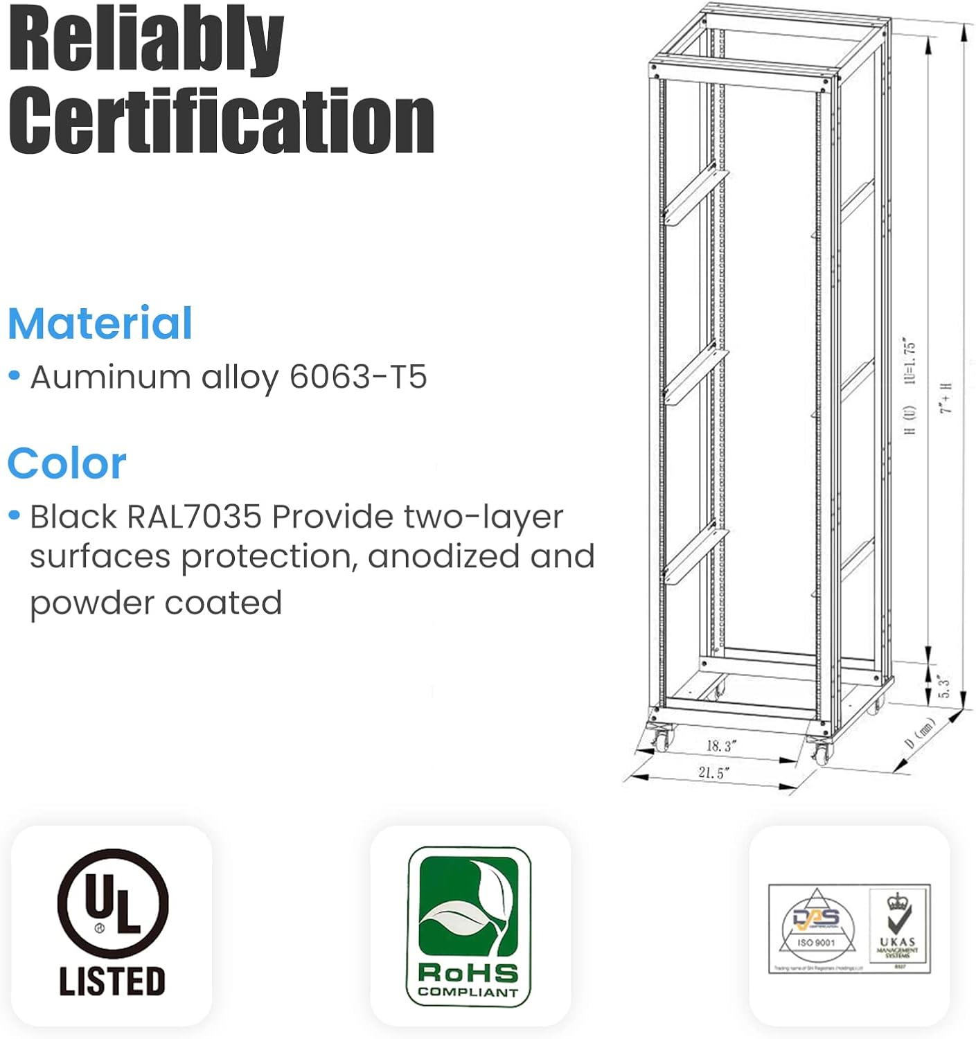 27U 4 Post Open Frame Network Server Rack 19inch Width 600mm deep with 3 Pairs of L Rail