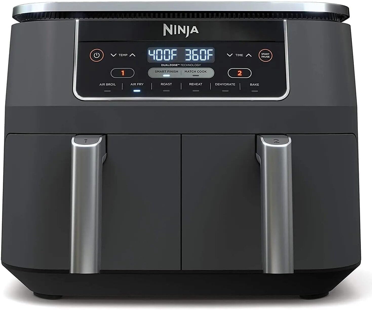 Ninja DZ201 Foodi 8-Quart 6-in-1 DualZone Air Fryer (Renewed), 2 Independent Fry Baskets, Smart Finish & Match Cook, Roast, Bake, Reheat, Dehydrate