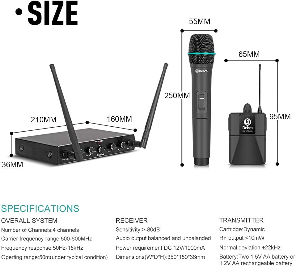Debra Audio Pro UHF 4 Channel Wireless Microphone System with Cordless Handheld Lavalier Headset Mics, Metal Receiver, Ideal for Karaoke Church Party (with 4 Handheld (A))