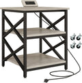 METYERRY Large Printer Stand with Power Outlet, with Height Adjustable Storage Shelf, 3 Tier Rolling Printer Cart with Industrial Wheels, 23.6 x 23.6 Inches Printer Table for Home Office, Greige